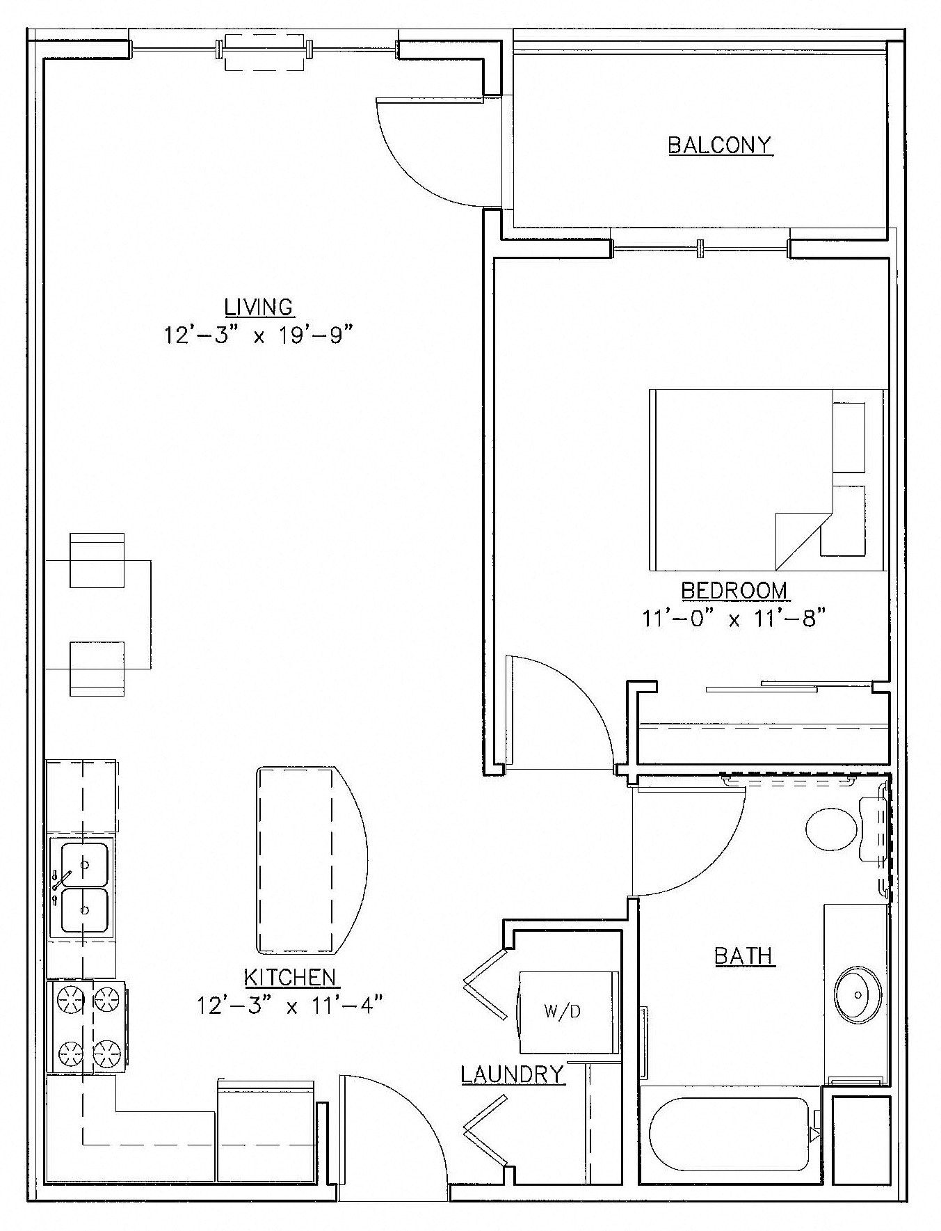 Floor plan for 1 bed, 1 bath, 720 sqft